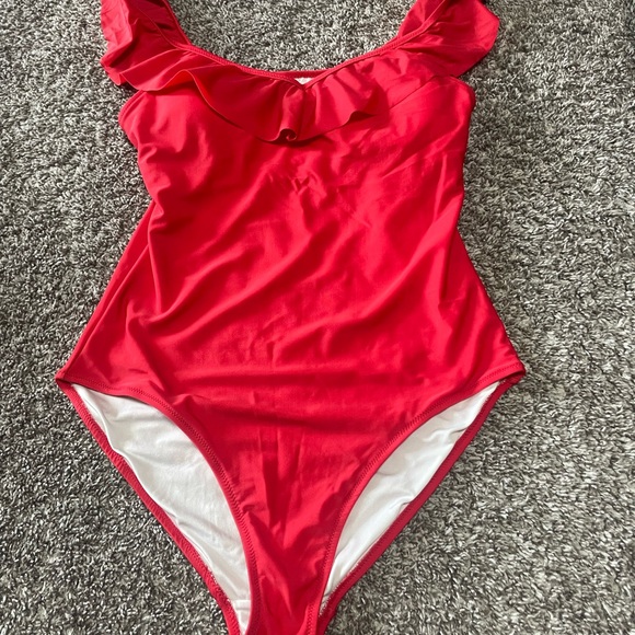 Red Ruffled One-Shoulder Swimsuit - Picture 2 of 2